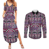Maori Matariki Couples Matching Summer Maxi Dress and Long Sleeve Button Shirt Pink Galaxy Aesthetic Koru Art LT01 Pink - Polynesian Pride