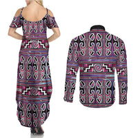 Maori Matariki Couples Matching Summer Maxi Dress and Long Sleeve Button Shirt Pink Galaxy Aesthetic Koru Art LT01 - Polynesian Pride