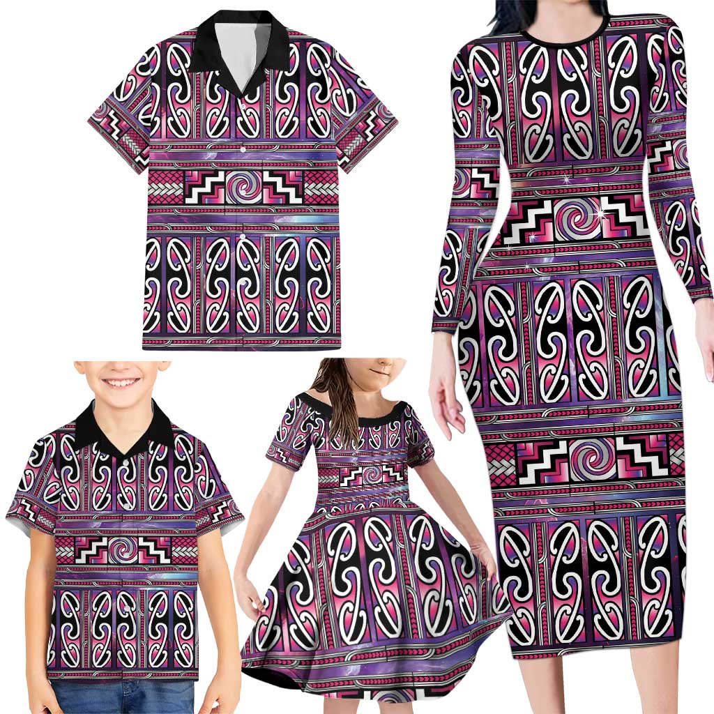 Maori Matariki Family Matching Long Sleeve Bodycon Dress and Hawaiian Shirt Pink Galaxy Aesthetic Koru Art LT01 - Polynesian Pride