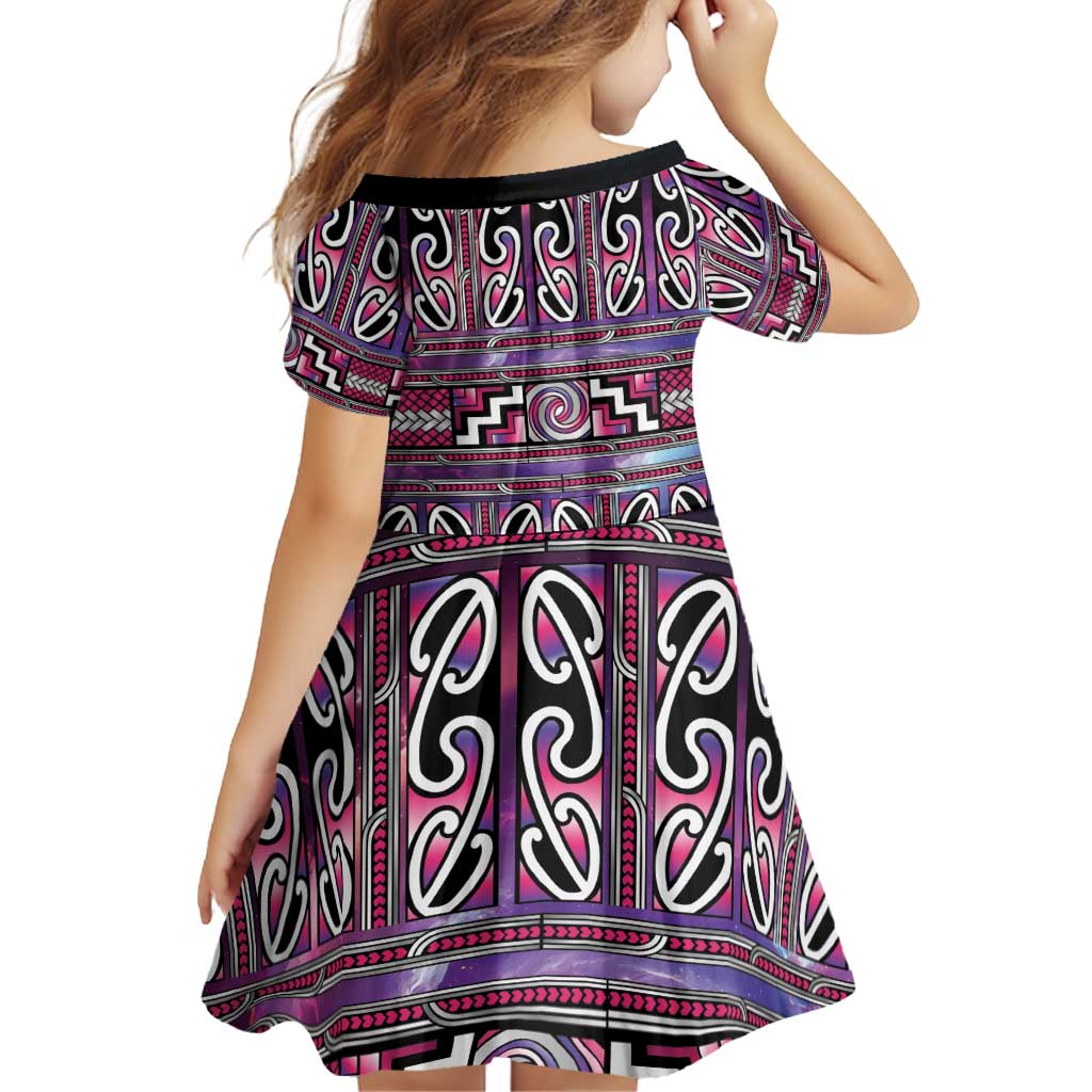 Maori Matariki Family Matching Off The Shoulder Long Sleeve Dress and Hawaiian Shirt Pink Galaxy Aesthetic Koru Art LT01 - Polynesian Pride