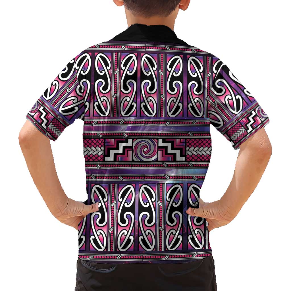 Maori Matariki Family Matching Off Shoulder Maxi Dress and Hawaiian Shirt Pink Galaxy Aesthetic Koru Art LT01 - Polynesian Pride
