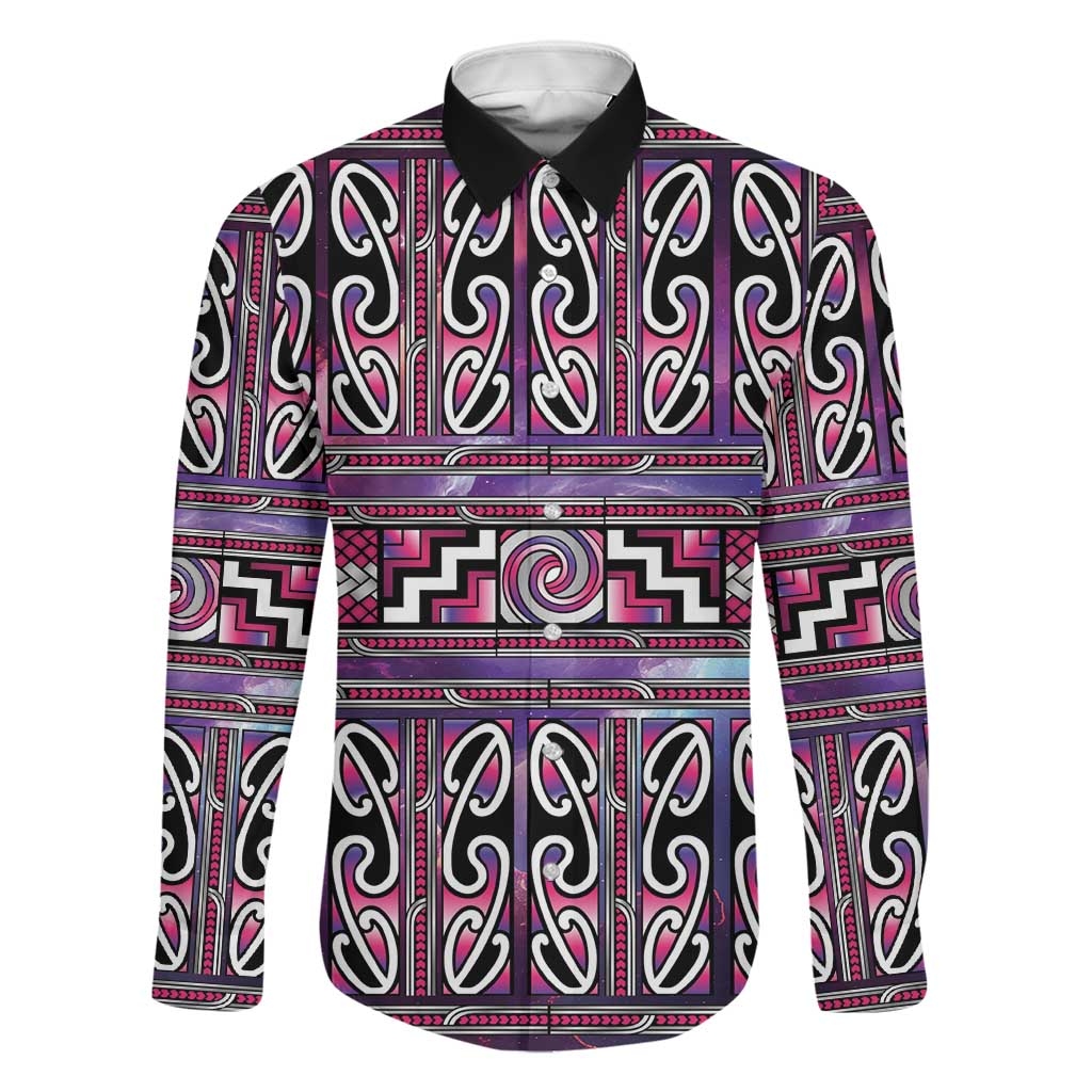 Maori Matariki Family Matching Off Shoulder Maxi Dress and Hawaiian Shirt Pink Galaxy Aesthetic Koru Art LT01 Dad's Shirt - Long Sleeve Pink - Polynesian Pride