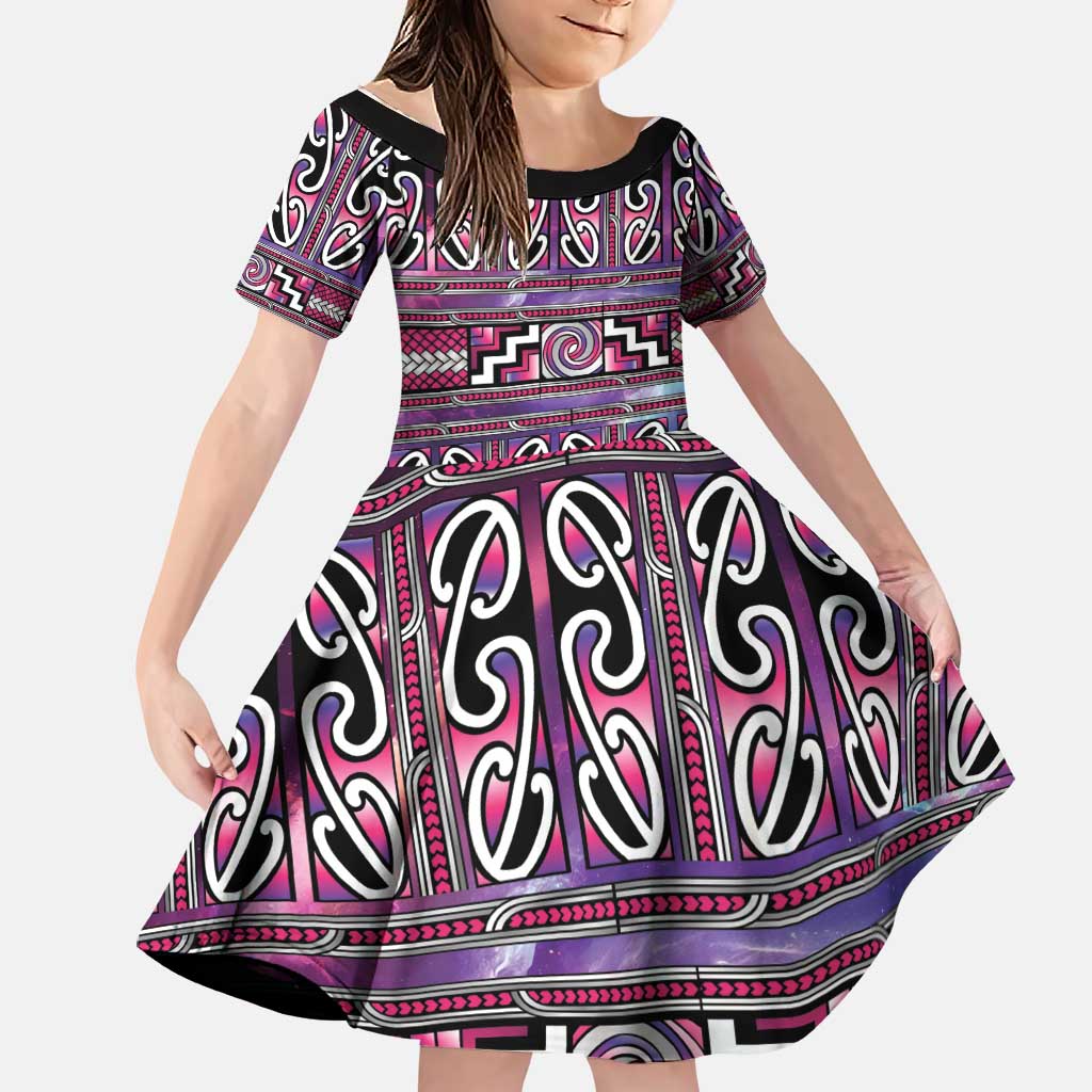 Maori Matariki Family Matching Summer Maxi Dress and Hawaiian Shirt Pink Galaxy Aesthetic Koru Art LT01 Daughter's Dress Pink - Polynesian Pride