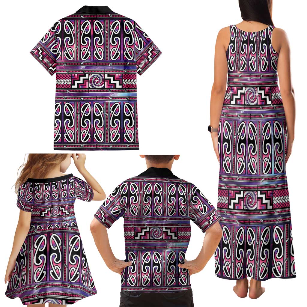 Maori Matariki Family Matching Tank Maxi Dress and Hawaiian Shirt Pink Galaxy Aesthetic Koru Art LT01 - Polynesian Pride