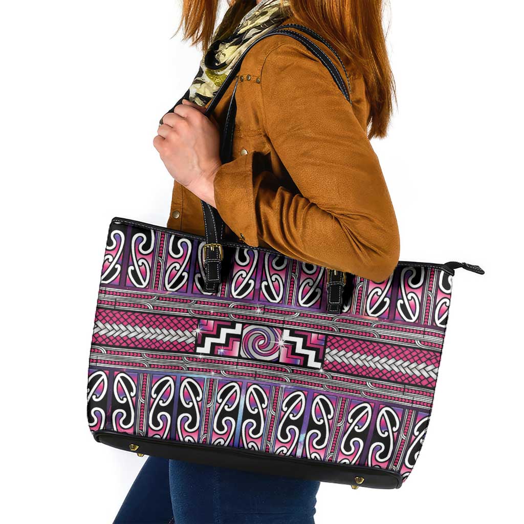 Maori Matariki Leather Tote Bag Pink Galaxy Aesthetic Koru Art