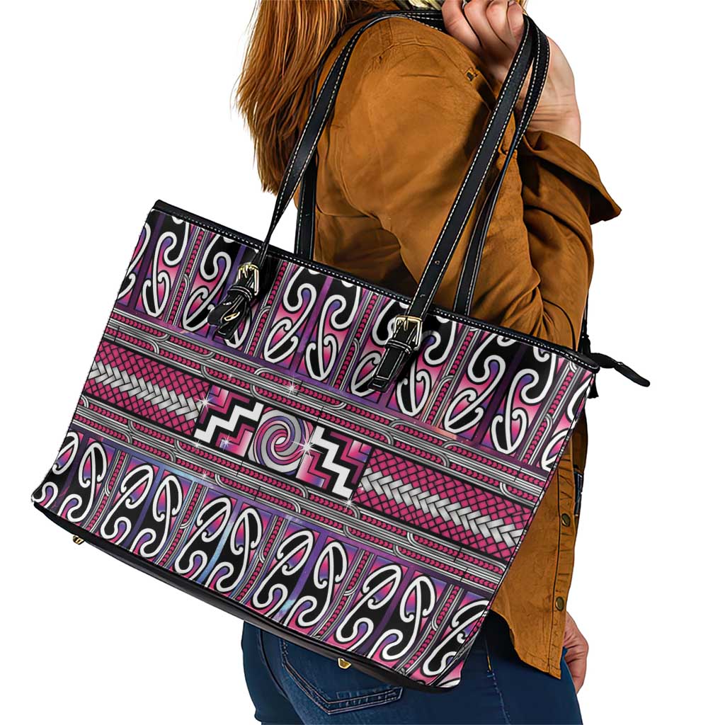 Maori Matariki Leather Tote Bag Pink Galaxy Aesthetic Koru Art