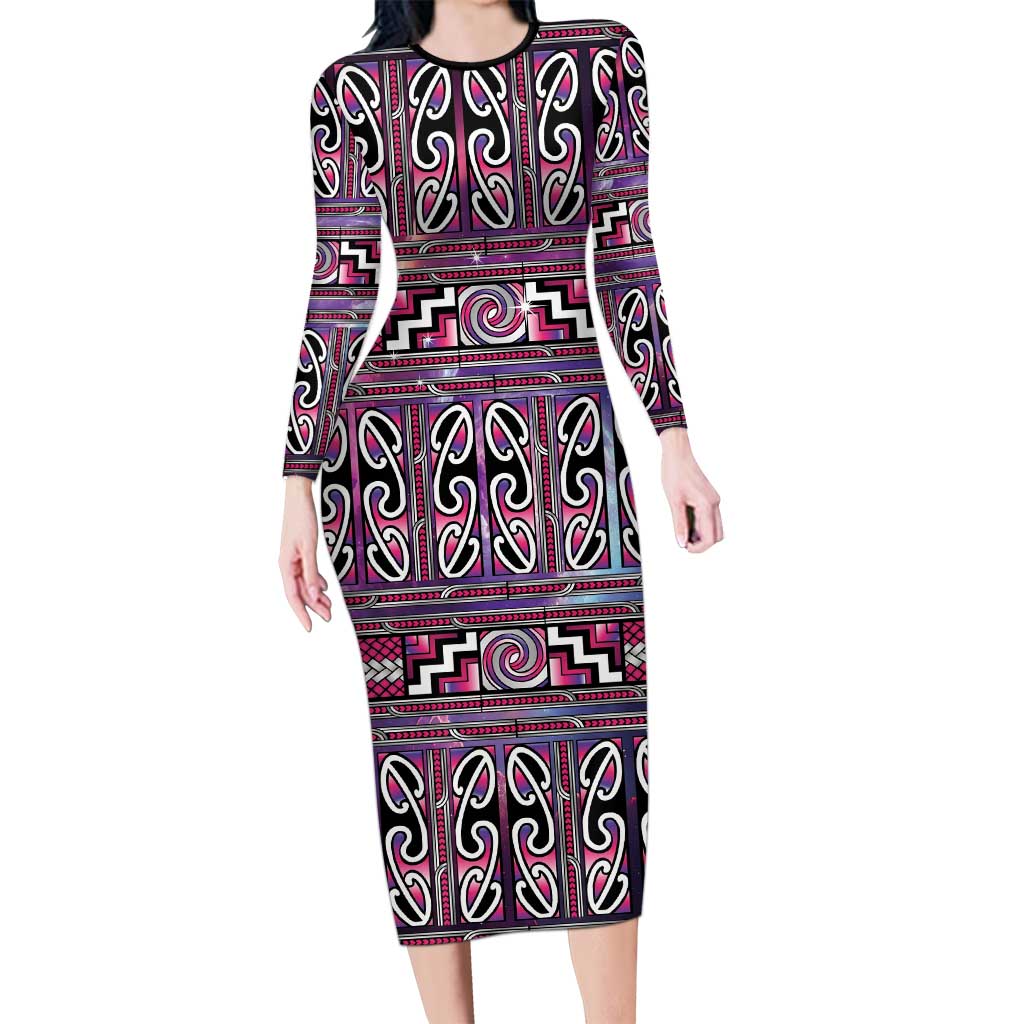 Maori Matariki Long Sleeve Bodycon Dress Pink Galaxy Aesthetic Koru Art