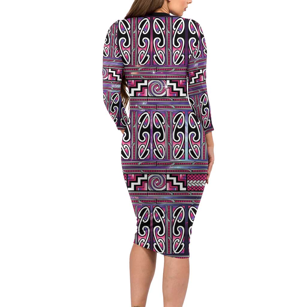 Maori Matariki Long Sleeve Bodycon Dress Pink Galaxy Aesthetic Koru Art