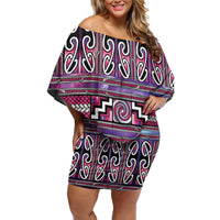 Maori Matariki Off Shoulder Short Dress Pink Galaxy Aesthetic Koru Art