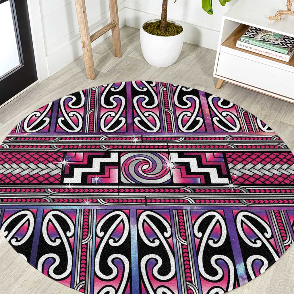 Maori Matariki Round Carpet Pink Galaxy Aesthetic Koru Art