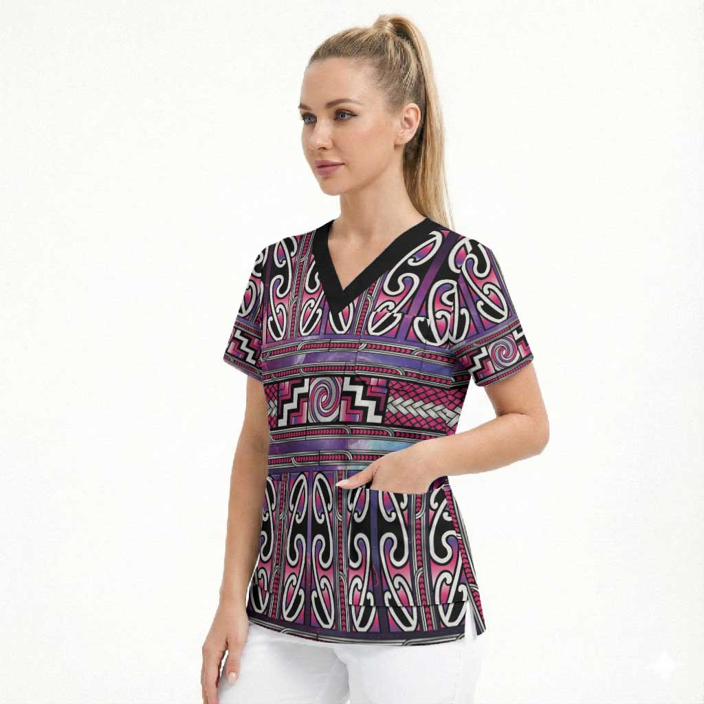 Maori Matariki Scrub Top Pink Galaxy Aesthetic Koru Art