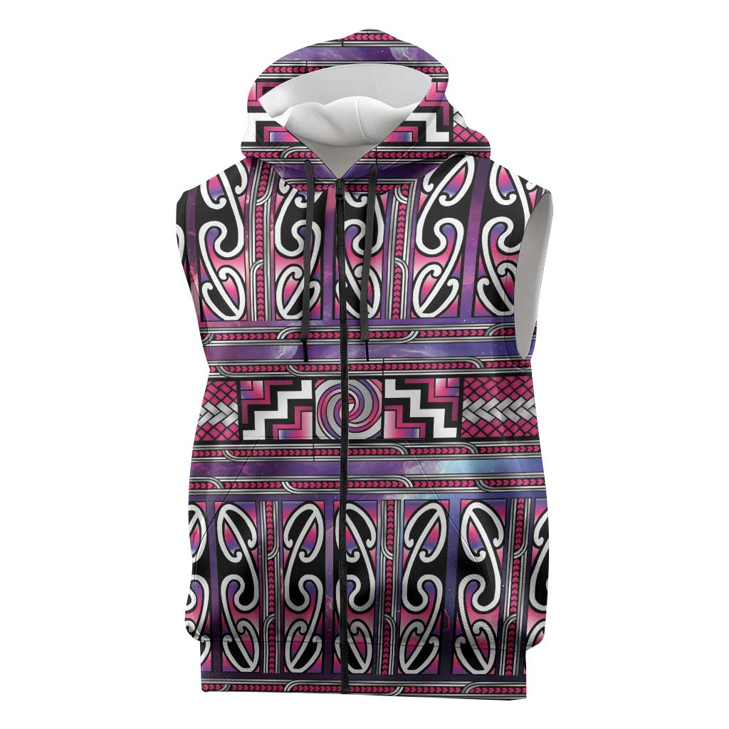 Maori Matariki Sleeveless Zip Hoodie Pink Galaxy Aesthetic Koru Art
