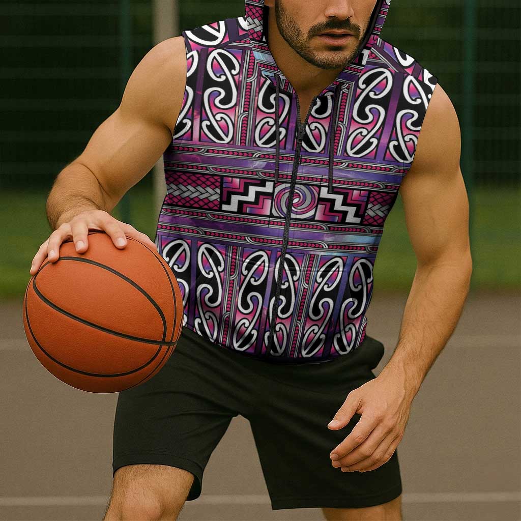 Maori Matariki Sleeveless Zip Hoodie Pink Galaxy Aesthetic Koru Art