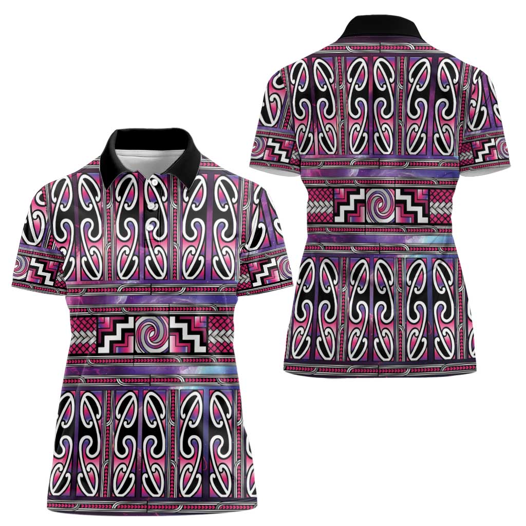 Maori Matariki Women Polo Shirt Pink Galaxy Aesthetic Koru Art