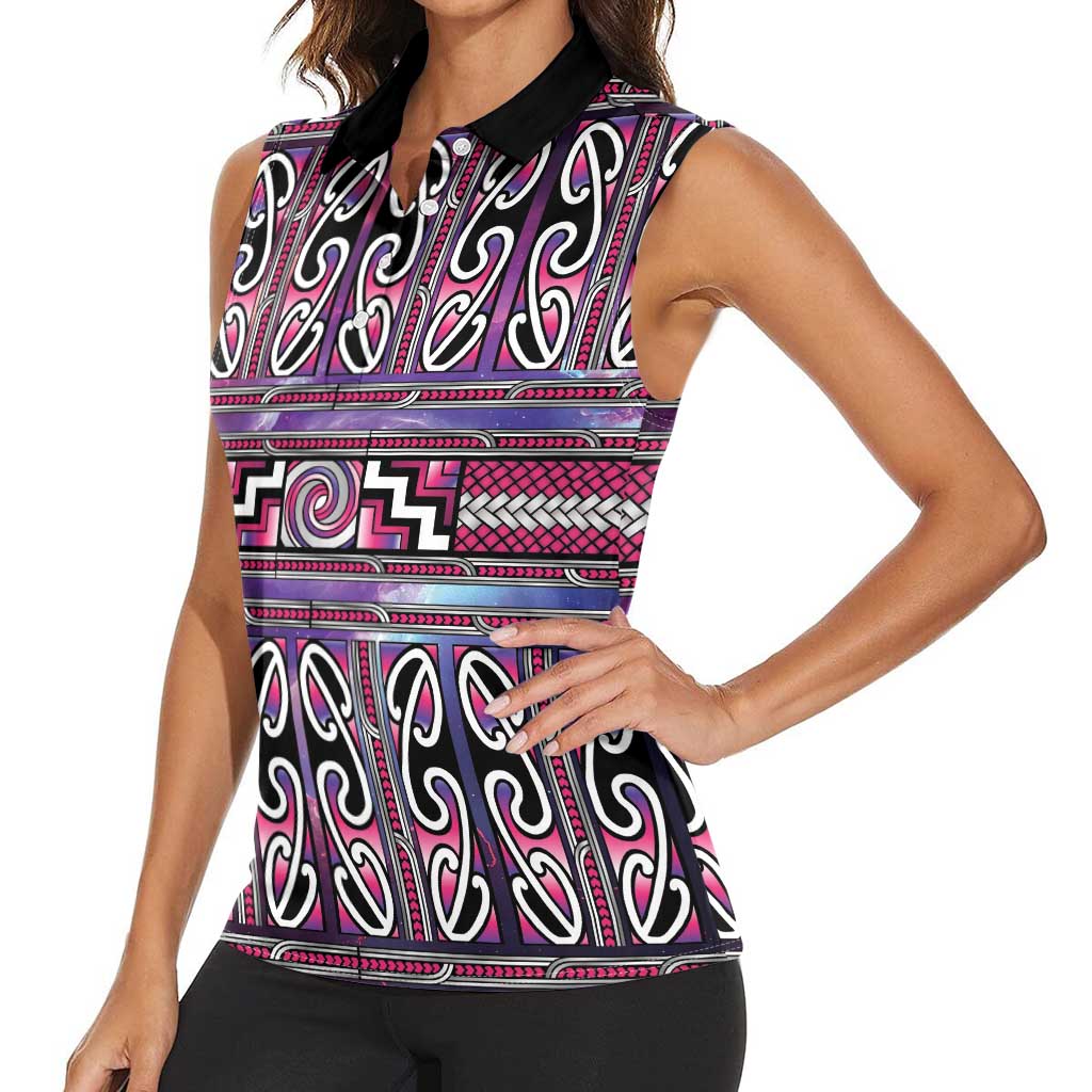 Maori Matariki Women Sleeveless Polo Shirt Pink Galaxy Aesthetic Koru Art LT01 - Polynesian Pride