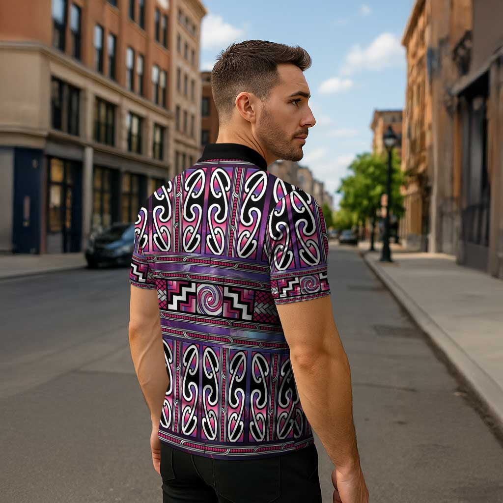 Maori Matariki Zipper Polo Shirt Pink Galaxy Aesthetic Koru Art