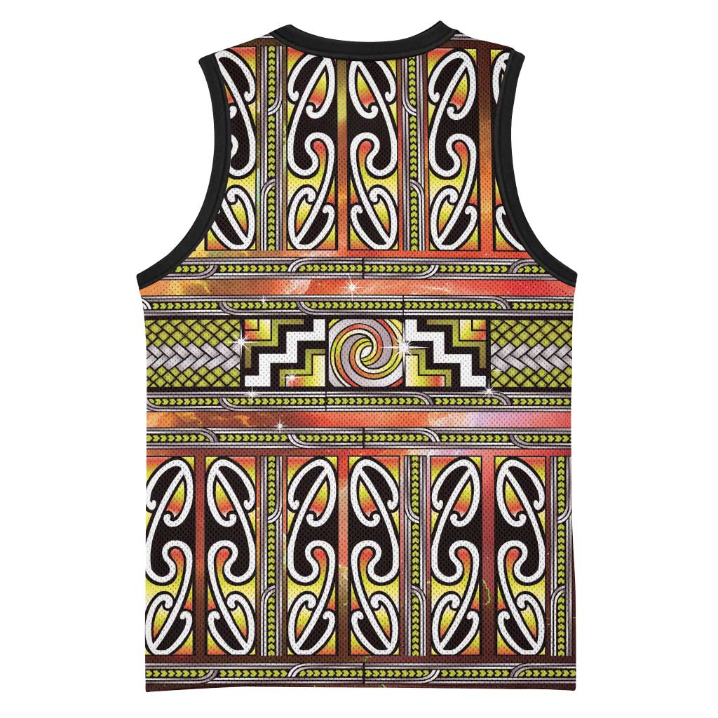 Maori Matariki Basketball Jersey Yellow Galaxy Aesthetic Koru Art