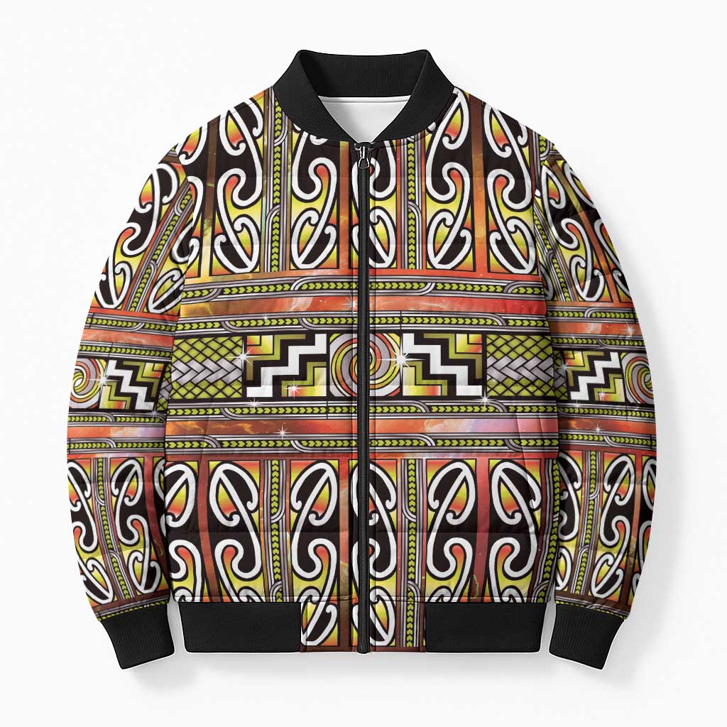 Maori Matariki Bomber Puffer Jacket Yellow Galaxy Aesthetic Koru Art
