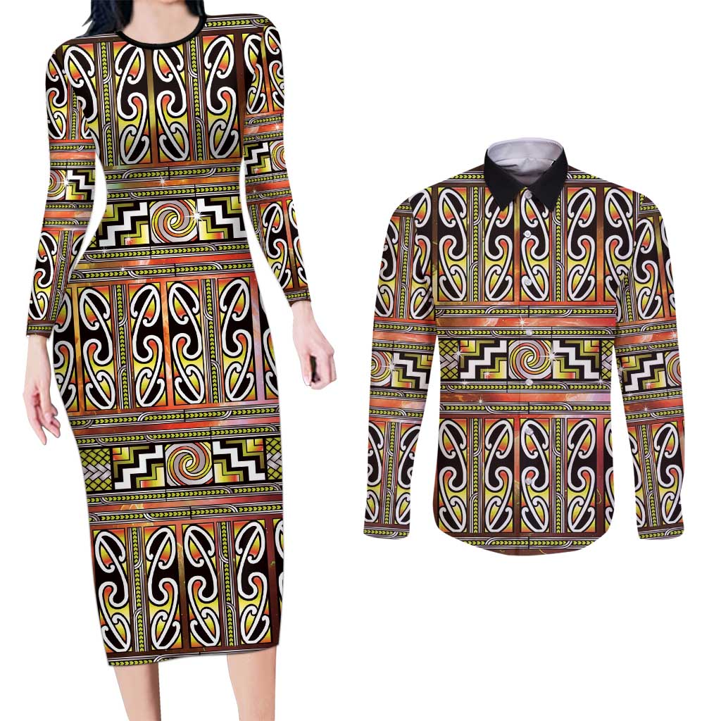 Maori Matariki Couples Matching Long Sleeve Bodycon Dress and Long Sleeve Button Shirt Yellow Galaxy Aesthetic Koru Art