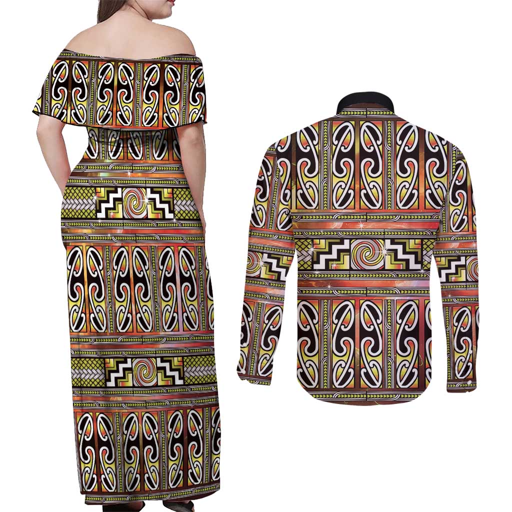 Maori Matariki Couples Matching Off Shoulder Maxi Dress and Long Sleeve Button Shirt Yellow Galaxy Aesthetic Koru Art