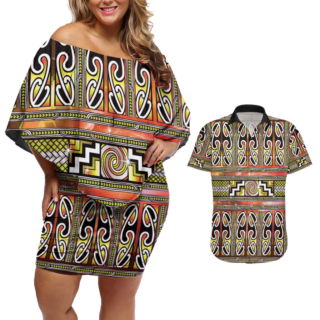 Maori Matariki Couples Matching Off Shoulder Short Dress and Hawaiian Shirt Yellow Galaxy Aesthetic Koru Art