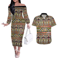 Maori Matariki Couples Matching Off The Shoulder Long Sleeve Dress and Hawaiian Shirt Yellow Galaxy Aesthetic Koru Art LT01 Yellow - Polynesian Pride