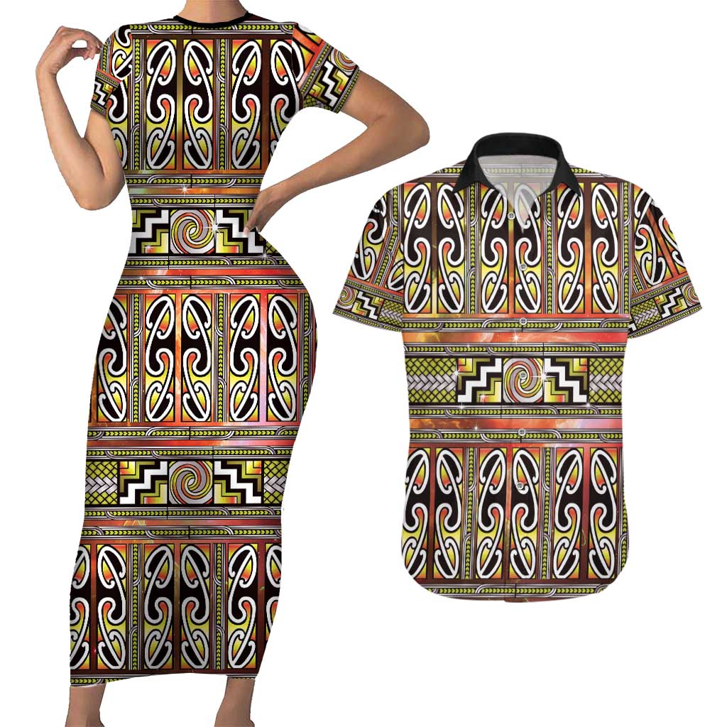 Maori Matariki Couples Matching Short Sleeve Bodycon Dress and Hawaiian Shirt Yellow Galaxy Aesthetic Koru Art LT01 Yellow - Polynesian Pride