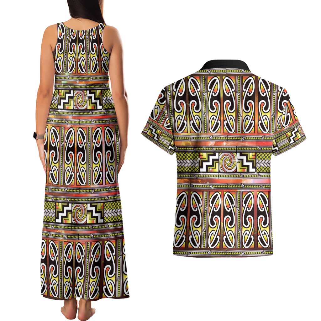 Maori Matariki Couples Matching Tank Maxi Dress and Hawaiian Shirt Yellow Galaxy Aesthetic Koru Art