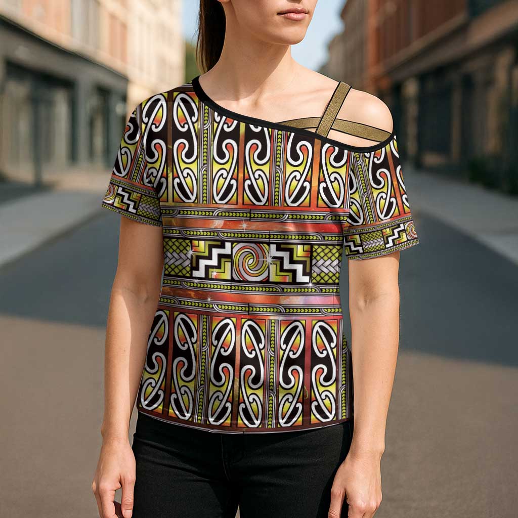 Maori Matariki Cross Shoulder Shirt Yellow Galaxy Aesthetic Koru Art