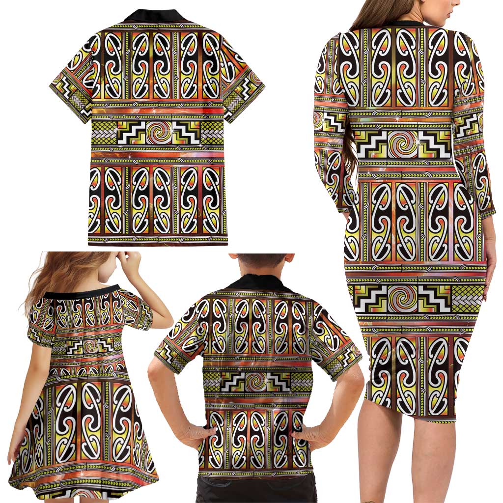 Maori Matariki Family Matching Long Sleeve Bodycon Dress and Hawaiian Shirt Yellow Galaxy Aesthetic Koru Art LT01 - Polynesian Pride
