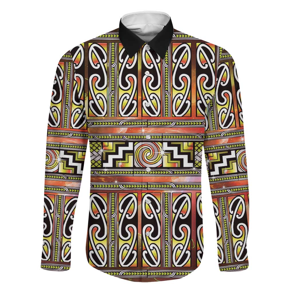 Maori Matariki Family Matching Long Sleeve Bodycon Dress and Hawaiian Shirt Yellow Galaxy Aesthetic Koru Art LT01 Dad's Shirt - Long Sleeve Yellow - Polynesian Pride