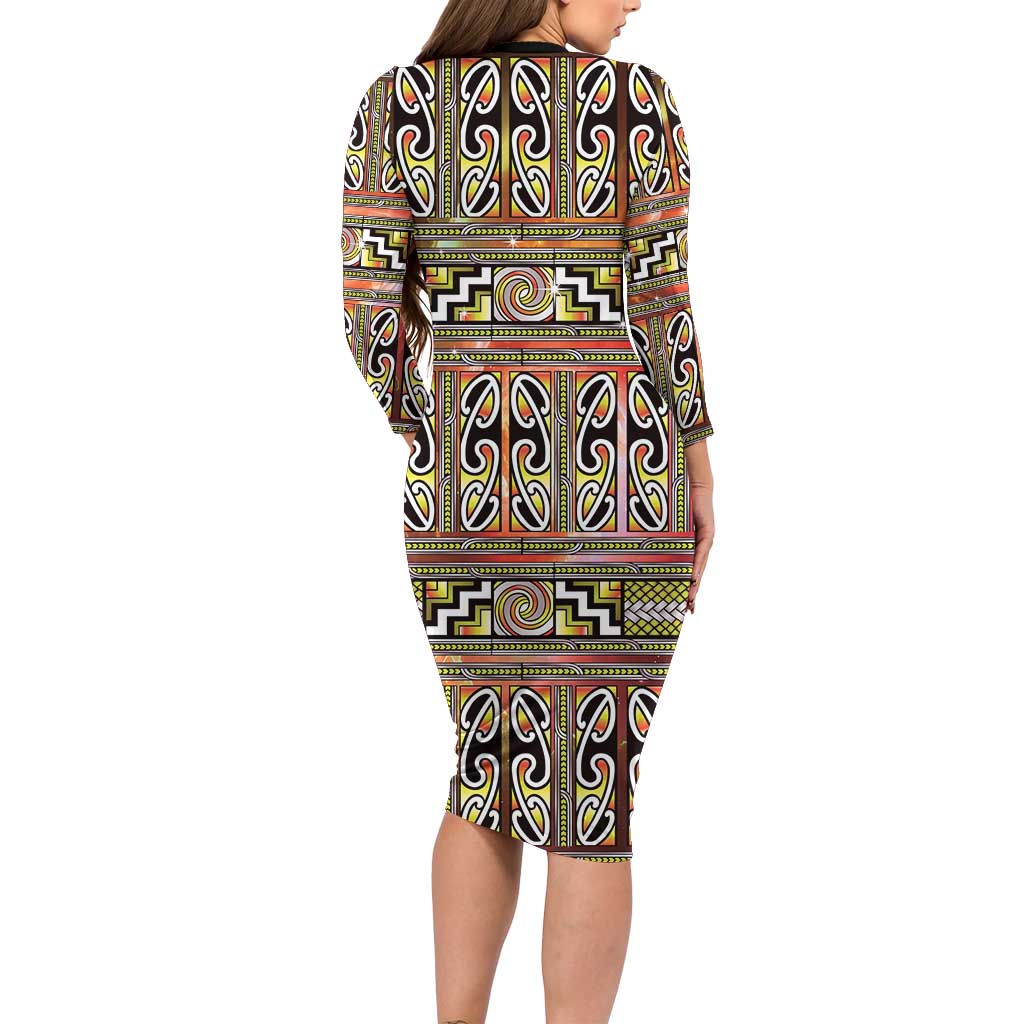 Maori Matariki Family Matching Long Sleeve Bodycon Dress and Hawaiian Shirt Yellow Galaxy Aesthetic Koru Art LT01 - Polynesian Pride