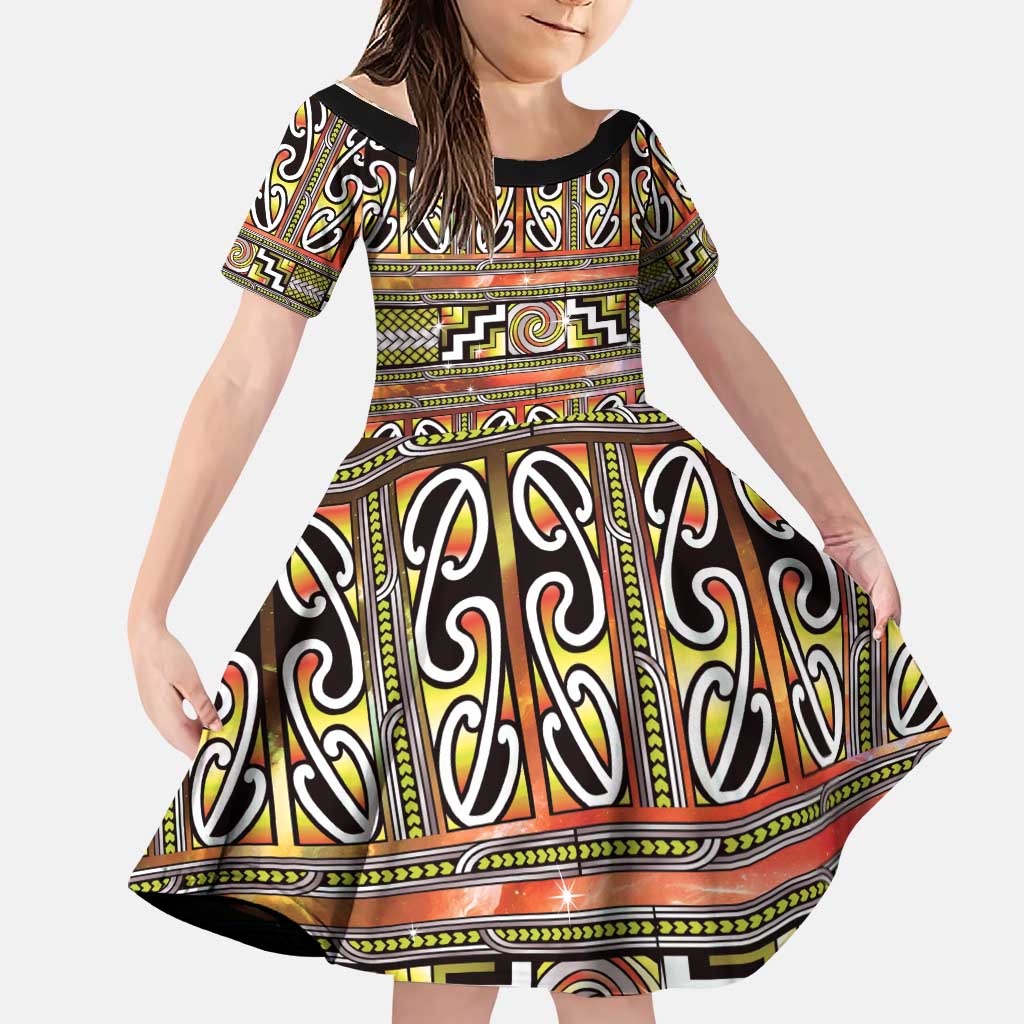 Maori Matariki Family Matching Off The Shoulder Long Sleeve Dress and Hawaiian Shirt Yellow Galaxy Aesthetic Koru Art LT01 Daughter's Dress Yellow - Polynesian Pride
