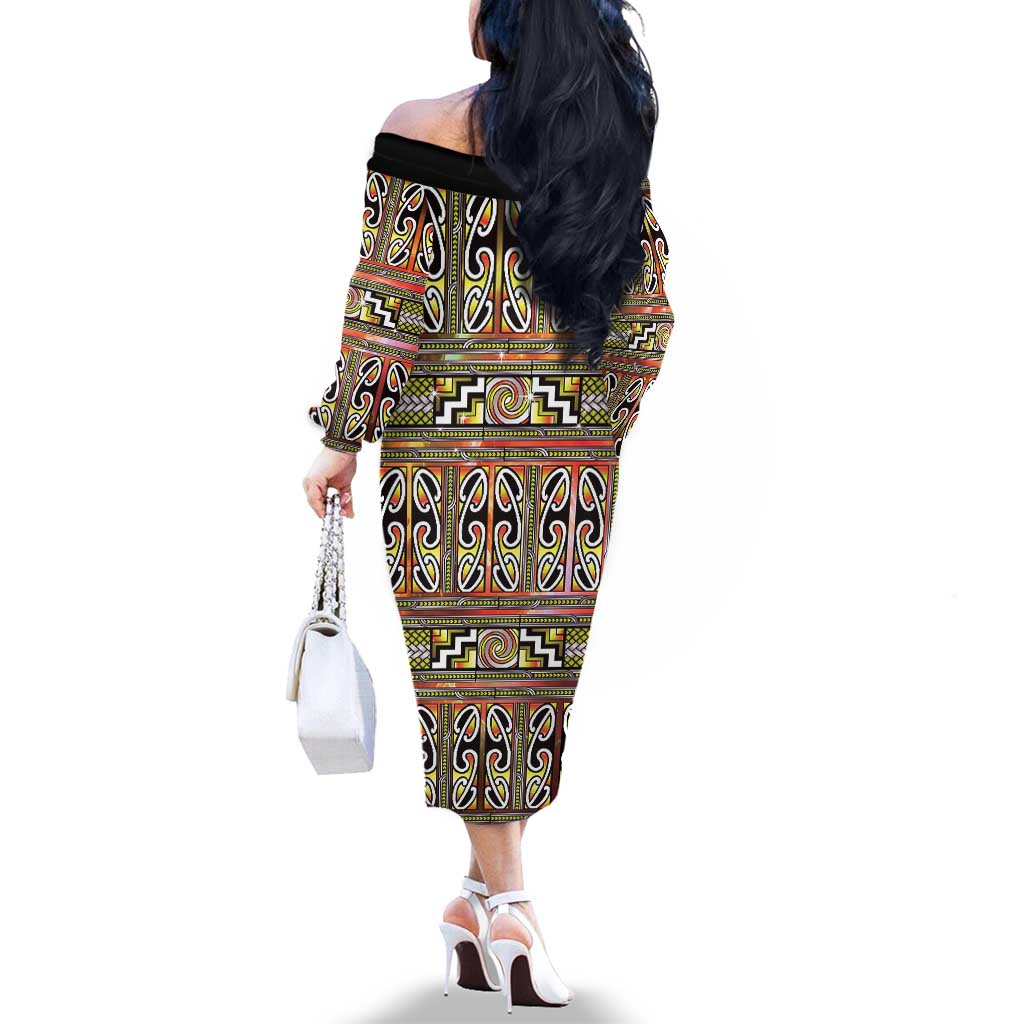 Maori Matariki Family Matching Off The Shoulder Long Sleeve Dress and Hawaiian Shirt Yellow Galaxy Aesthetic Koru Art LT01 - Polynesian Pride