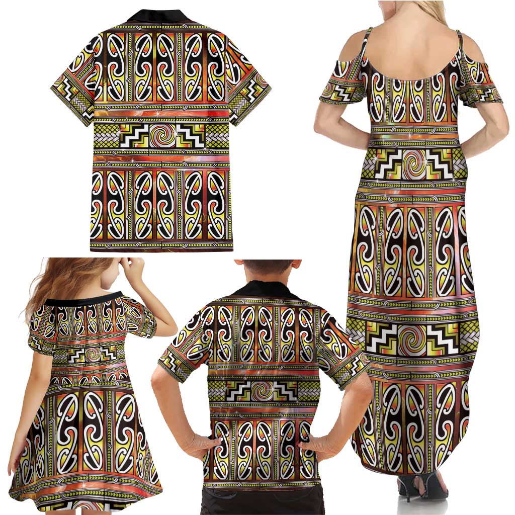 Maori Matariki Family Matching Summer Maxi Dress and Hawaiian Shirt Yellow Galaxy Aesthetic Koru Art LT01 - Polynesian Pride