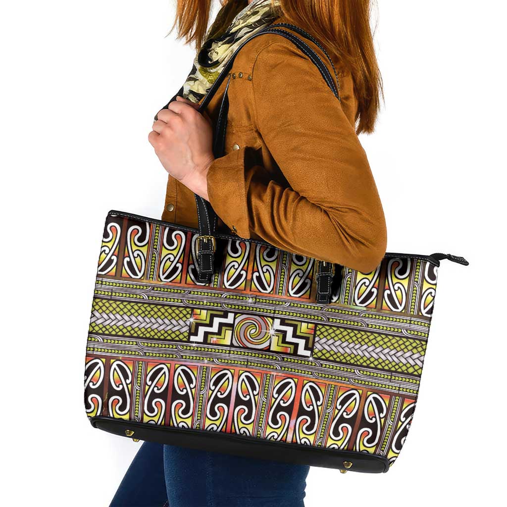 Maori Matariki Leather Tote Bag Yellow Galaxy Aesthetic Koru Art