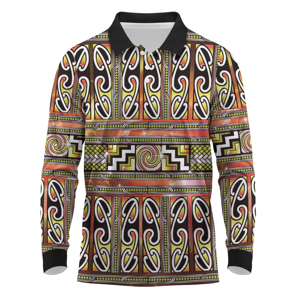 Maori Matariki Long Sleeve Polo Shirt Yellow Galaxy Aesthetic Koru Art