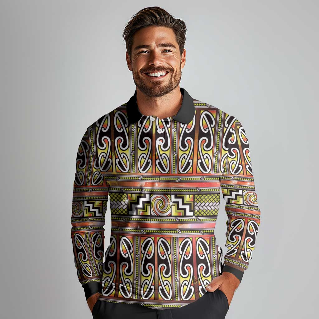 Maori Matariki Long Sleeve Polo Shirt Yellow Galaxy Aesthetic Koru Art