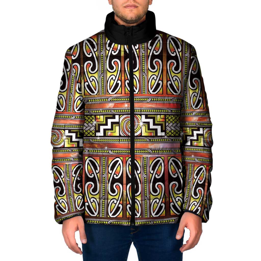 Maori Matariki Padded Jacket Yellow Galaxy Aesthetic Koru Art