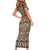 Maori Matariki Short Sleeve Bodycon Dress Yellow Galaxy Aesthetic Koru Art