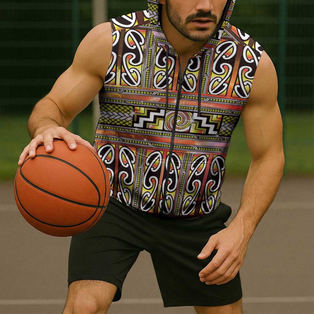 Maori Matariki Sleeveless Zip Hoodie Yellow Galaxy Aesthetic Koru Art