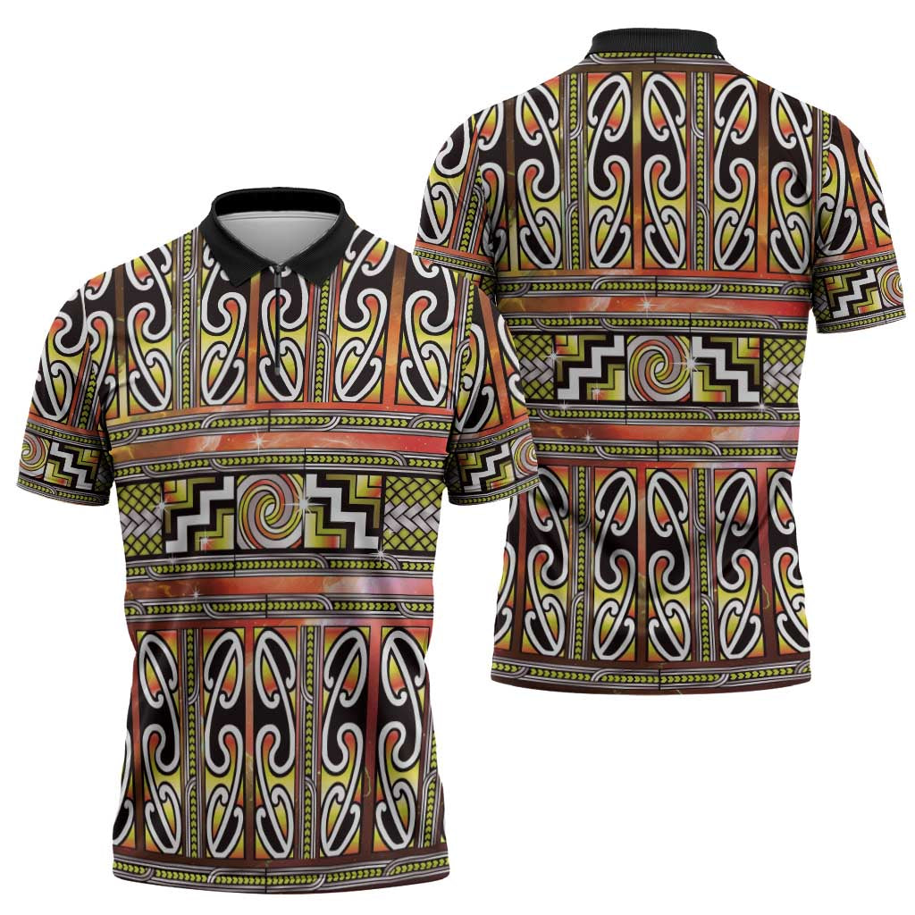Maori Matariki Zipper Polo Shirt Yellow Galaxy Aesthetic Koru Art