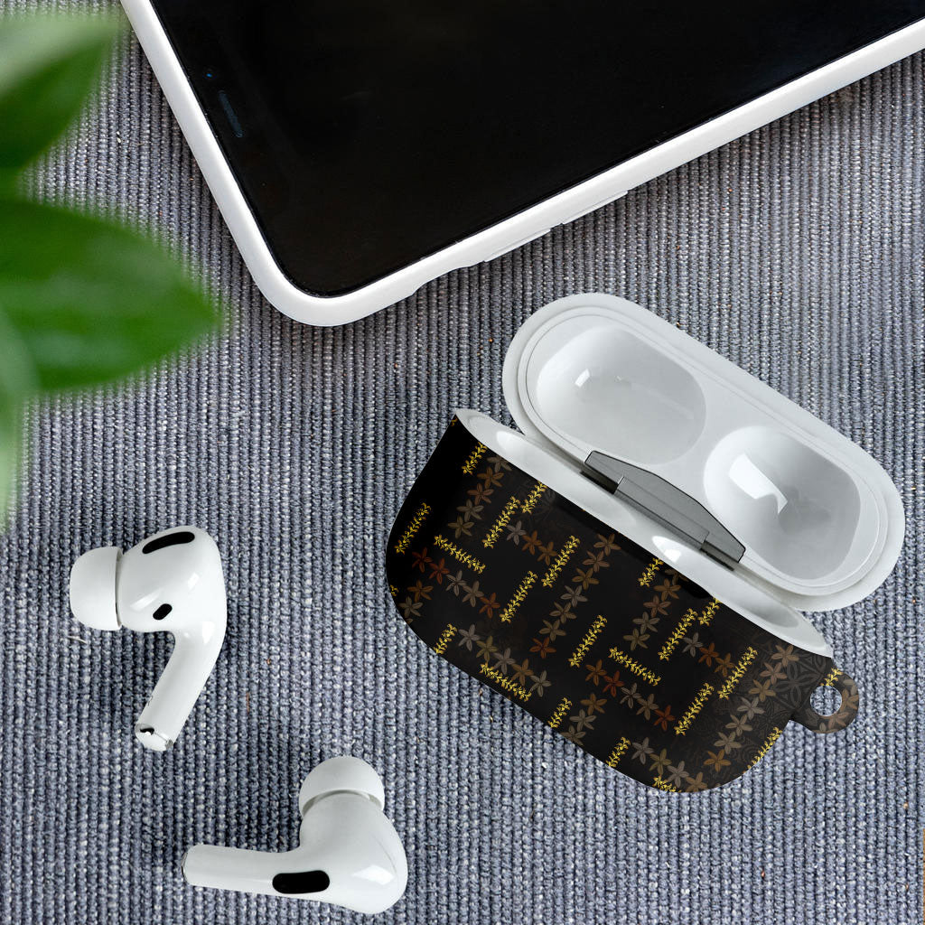 Hawaii Brown Plumeria Lei Black AirPods Case Frangipani Floral Heritage Art