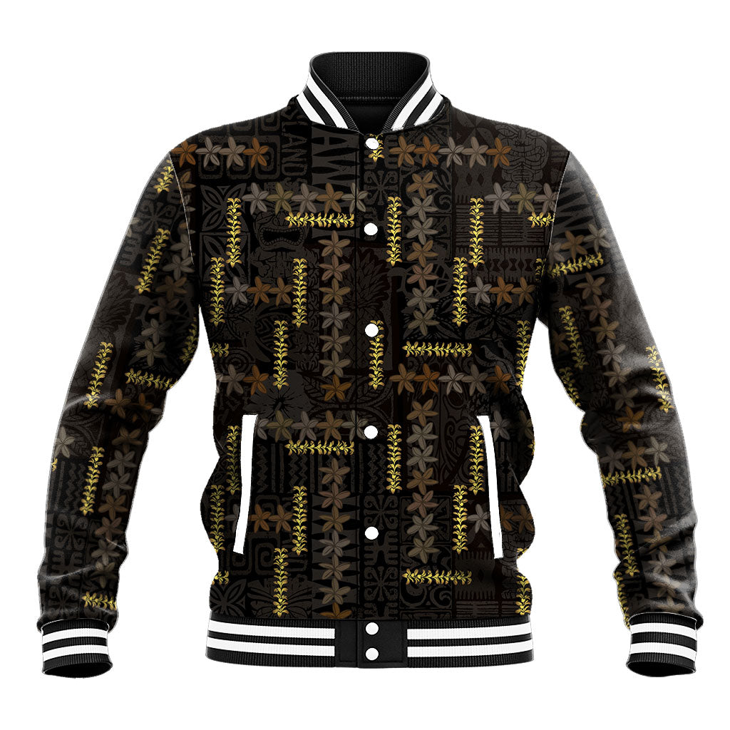 Hawaii Brown Plumeria Lei Black Baseball Jacket Frangipani Floral Heritage Art