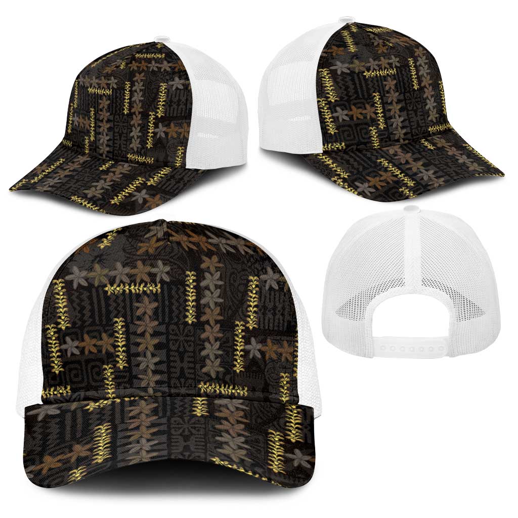 Hawaii Brown Plumeria Lei Black Baseball Net Cap Frangipani Floral Heritage Art