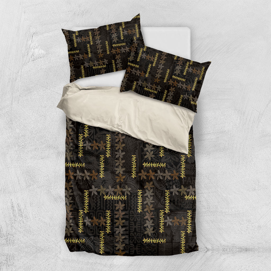 Hawaii Brown Plumeria Lei Black Bedding Set Frangipani Floral Heritage Art