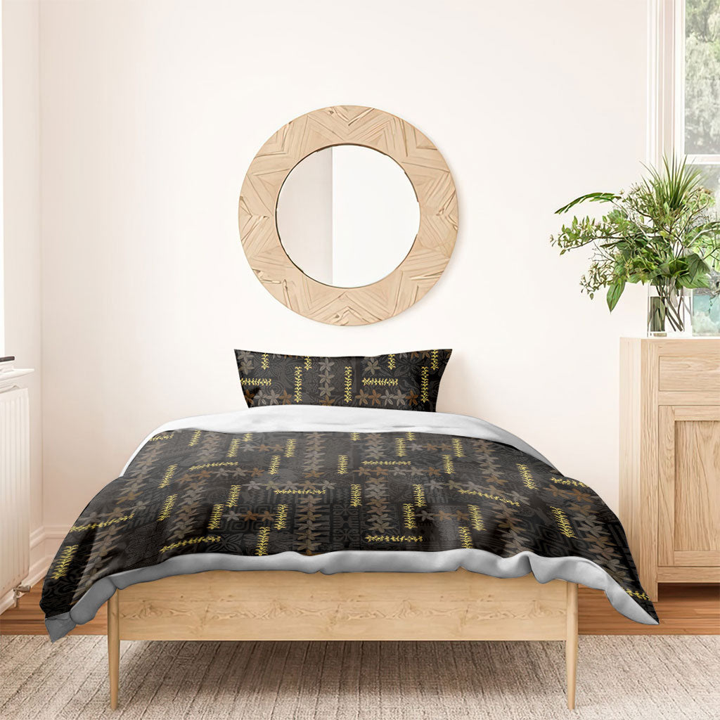 Hawaii Brown Plumeria Lei Black Bedding Set Frangipani Floral Heritage Art