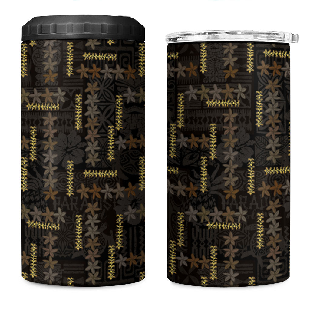 Hawaii Brown Plumeria Lei Black 4 in 1 Can Cooler Tumbler Frangipani Floral Heritage Art