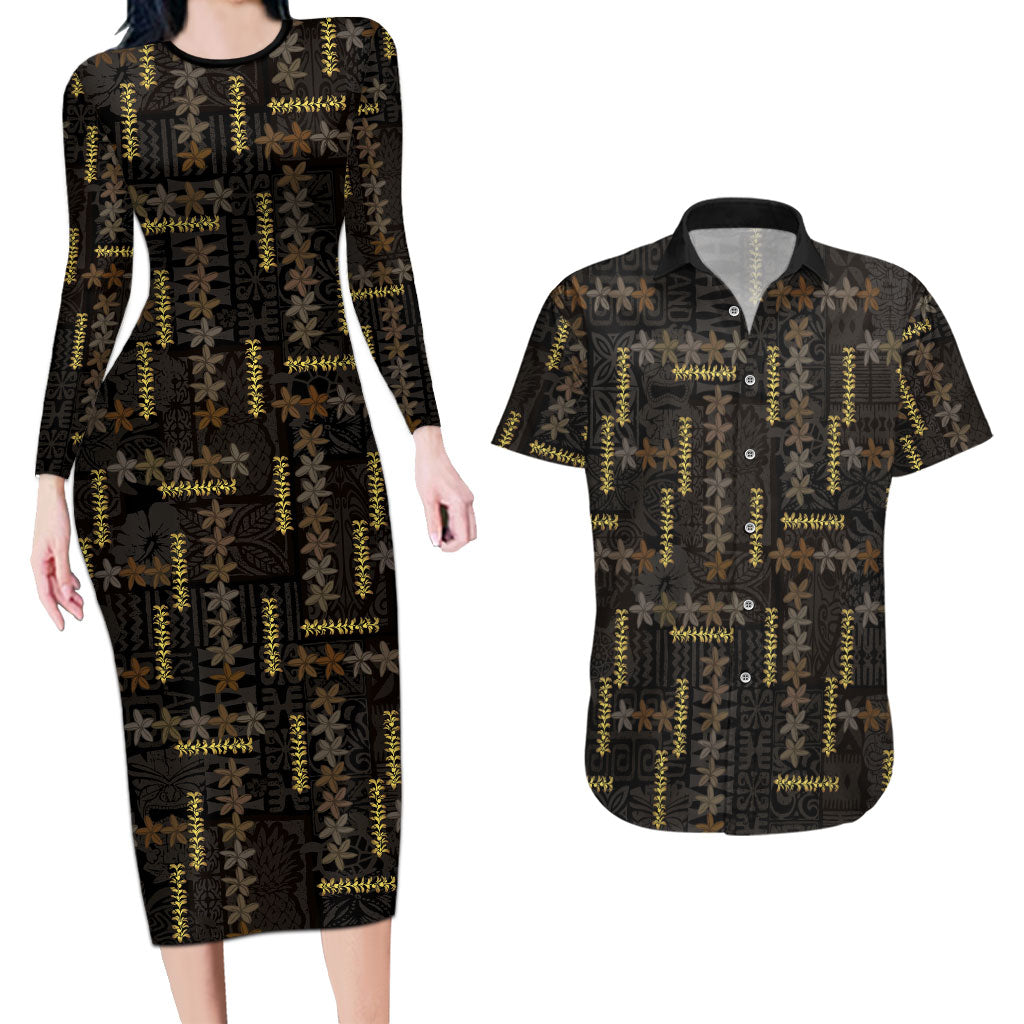 Hawaii Brown Plumeria Lei Black Couples Matching Long Sleeve Bodycon Dress and Hawaiian Shirt Frangipani Floral Heritage Art LT01 Black - Polynesian Pride