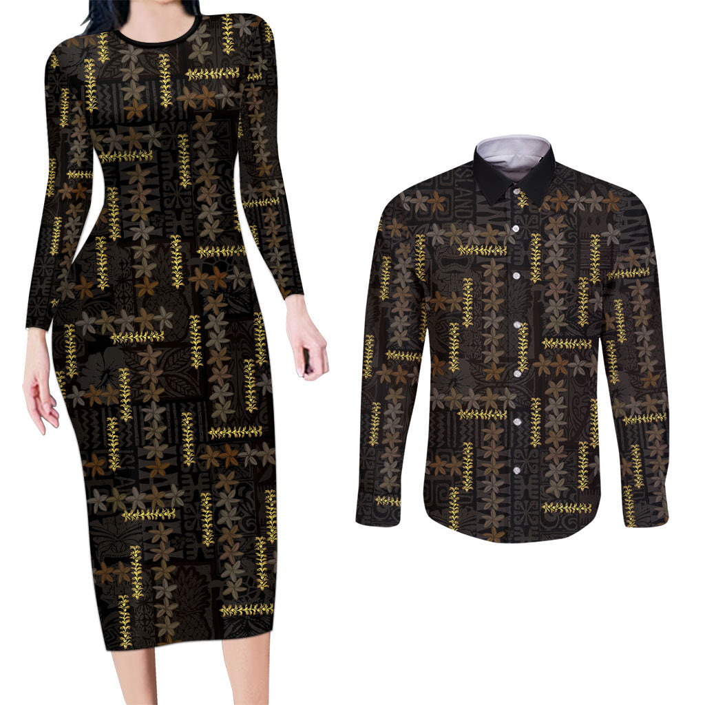 Hawaii Brown Plumeria Lei Black Couples Matching Long Sleeve Bodycon Dress and Long Sleeve Button Shirt Frangipani Floral Heritage Art LT01 Black - Polynesian Pride